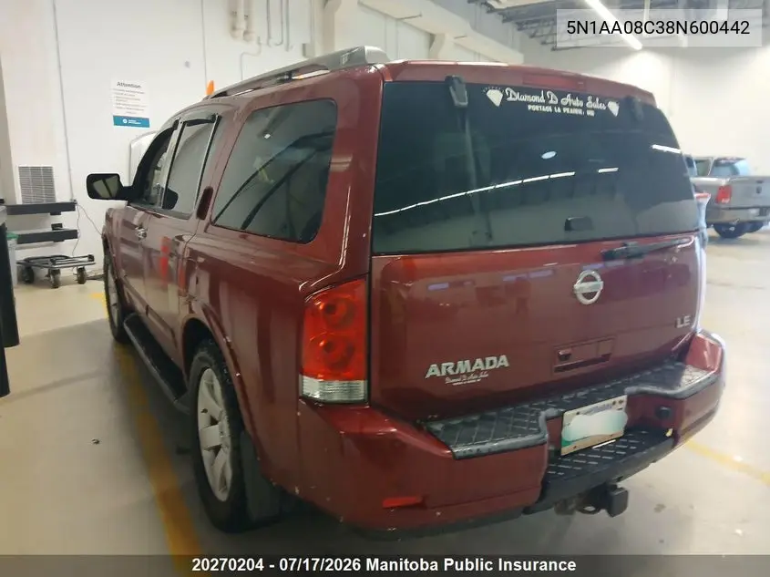 2008 Nissan Armada Le VIN: 5N1AA08C38N600442 Lot: 20270204