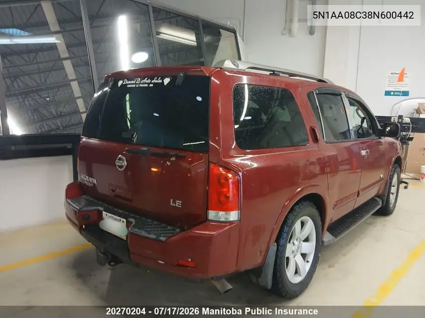 2008 Nissan Armada Le VIN: 5N1AA08C38N600442 Lot: 20270204