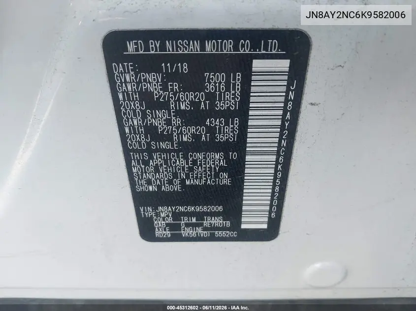 2019 Nissan Armada Platinum VIN: JN8AY2NC6K9582006 Lot: 45312602