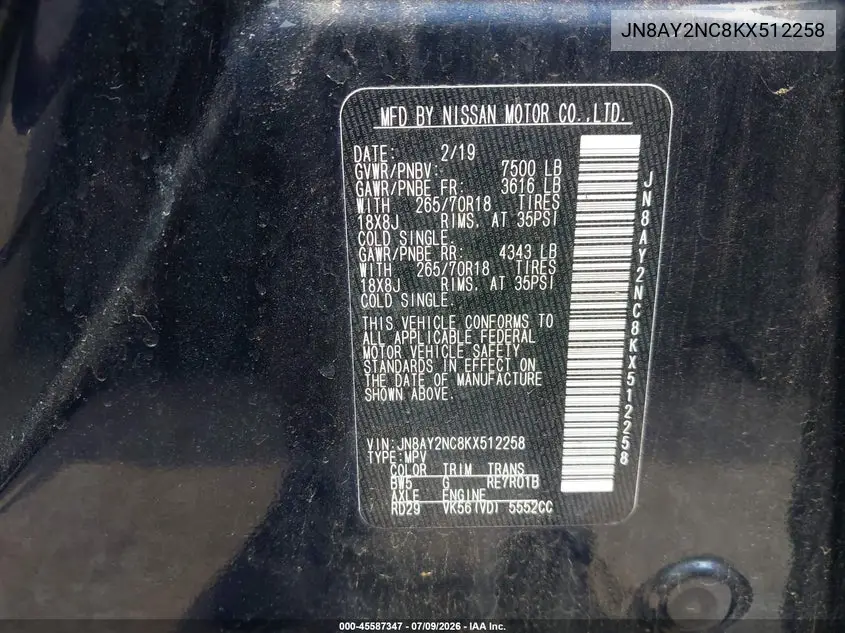 2019 Nissan Armada Sv VIN: JN8AY2NC8KX512258 Lot: 45587347