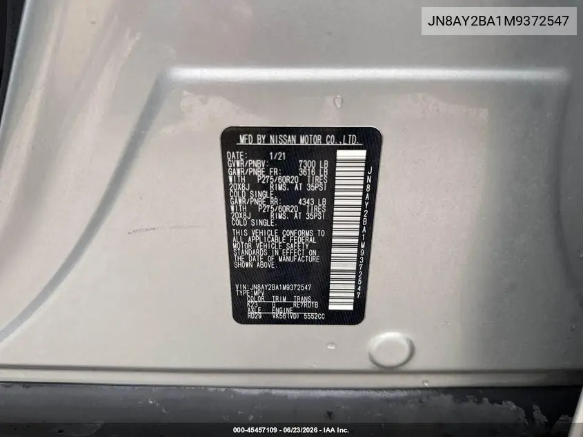 JN8AY2BA1M9372547 2021 Nissan Armada Sl