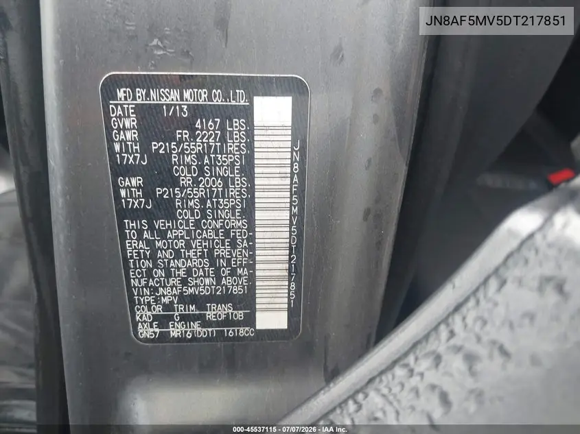 2013 Nissan Juke Sl VIN: JN8AF5MV5DT217851 Lot: 45537115