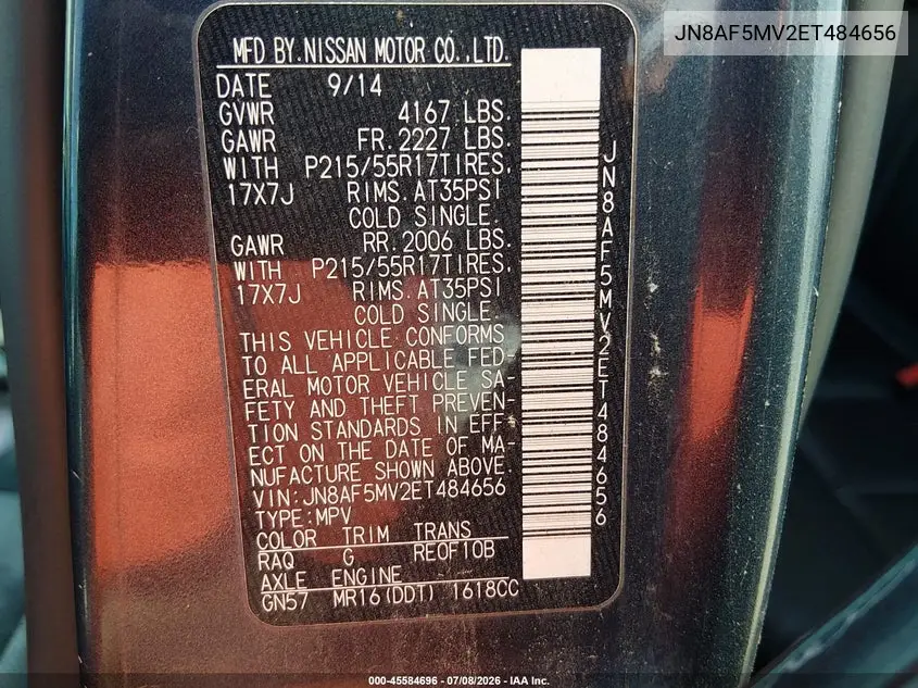 2014 Nissan Juke Sl VIN: JN8AF5MV2ET484656 Lot: 45584696