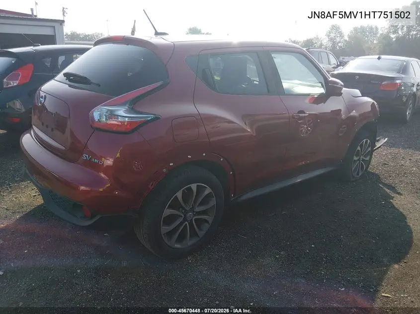 2017 Nissan Juke Sv VIN: JN8AF5MV1HT751502 Lot: 45670448