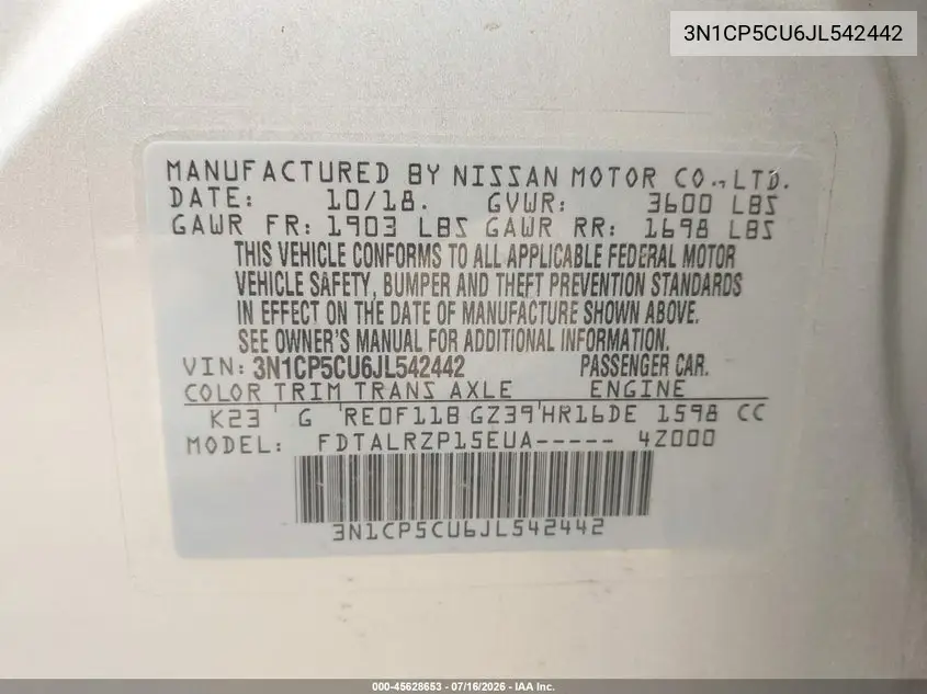 2018 Nissan Kicks S VIN: 3N1CP5CU6JL542442 Lot: 45628653