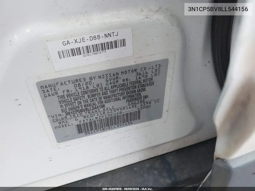 2020 Nissan Kicks S Xtronic Cvt VIN: 3N1CP5BV8LL544156 Lot: 45327072
