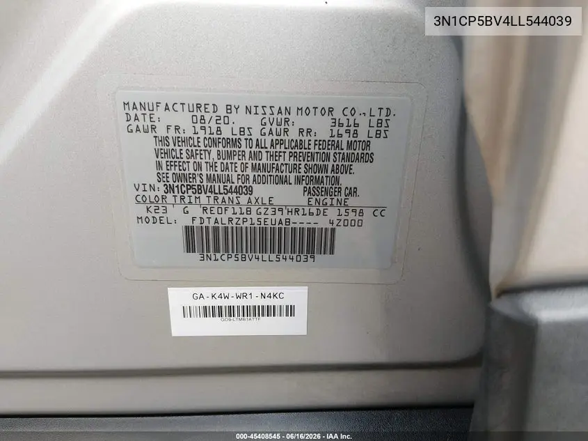 2020 Nissan Kicks S Xtronic Cvt VIN: 3N1CP5BV4LL544039 Lot: 45408545