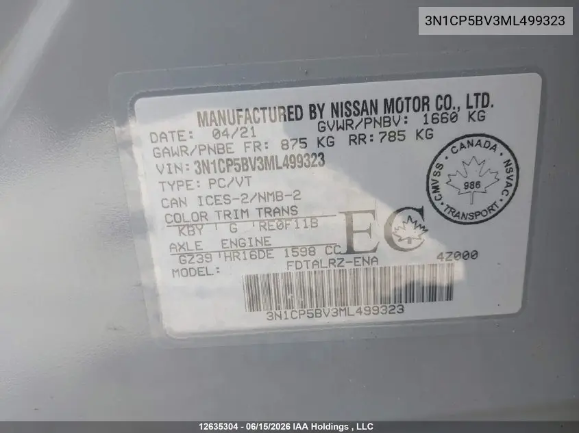 2021 Nissan Kicks S VIN: 3N1CP5BV3ML499323 Lot: 12635304