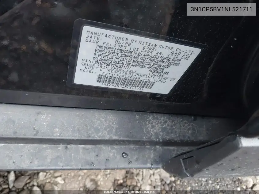 3N1CP5BV1NL521711 2022 Nissan Kicks S