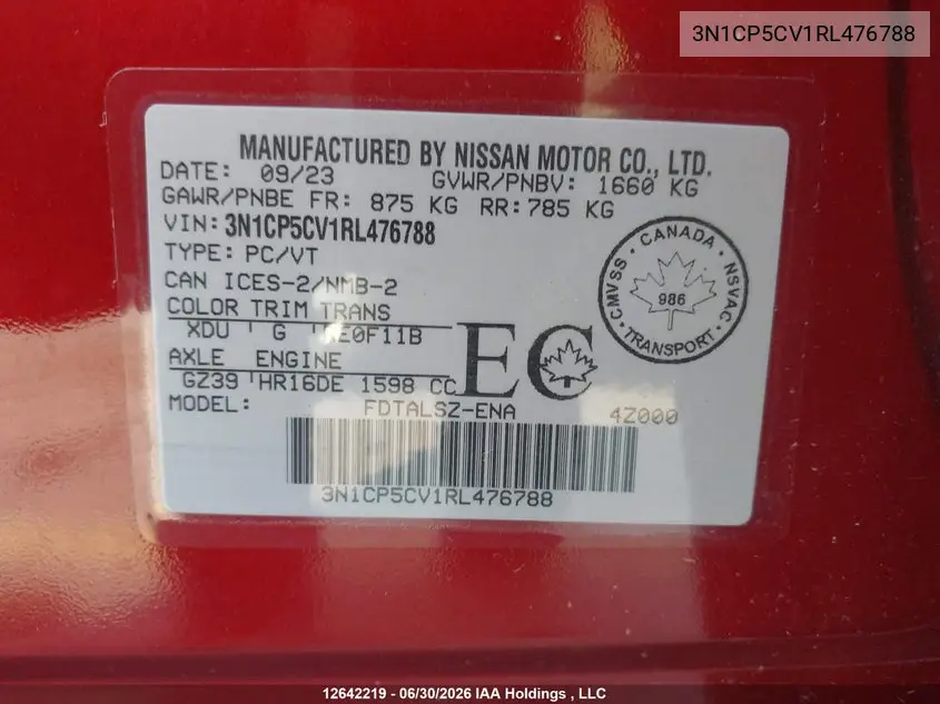 2024 Nissan Kicks Sv VIN: 3N1CP5CV1RL476788 Lot: 12642219