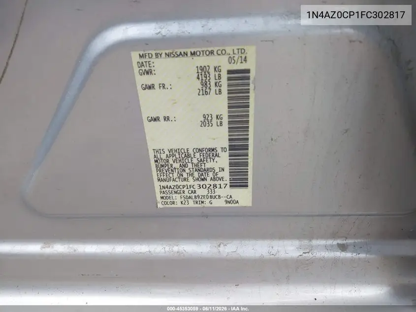 2015 Nissan Leaf S VIN: 1N4AZ0CP1FC302817 Lot: 45353059
