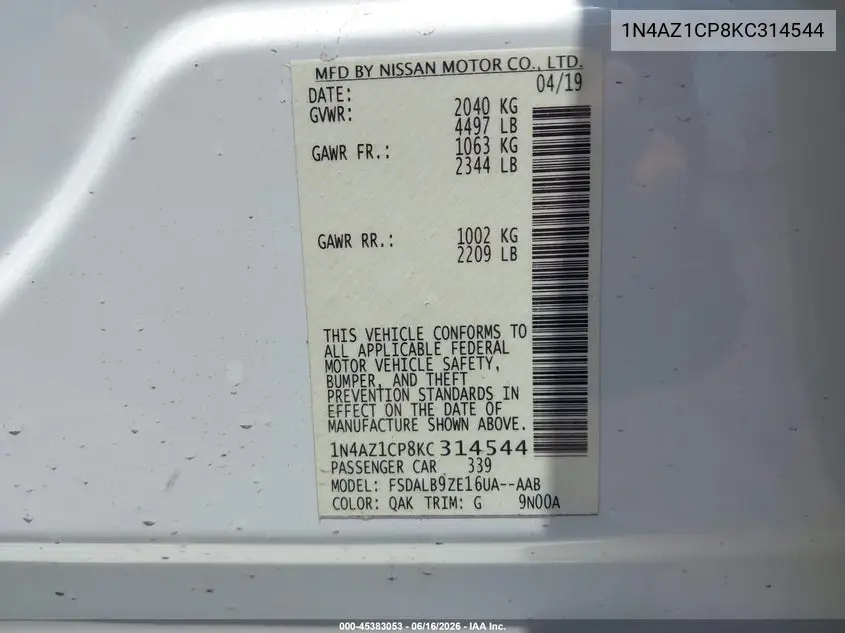 2019 Nissan Leaf S VIN: 1N4AZ1CP8KC314544 Lot: 45383053