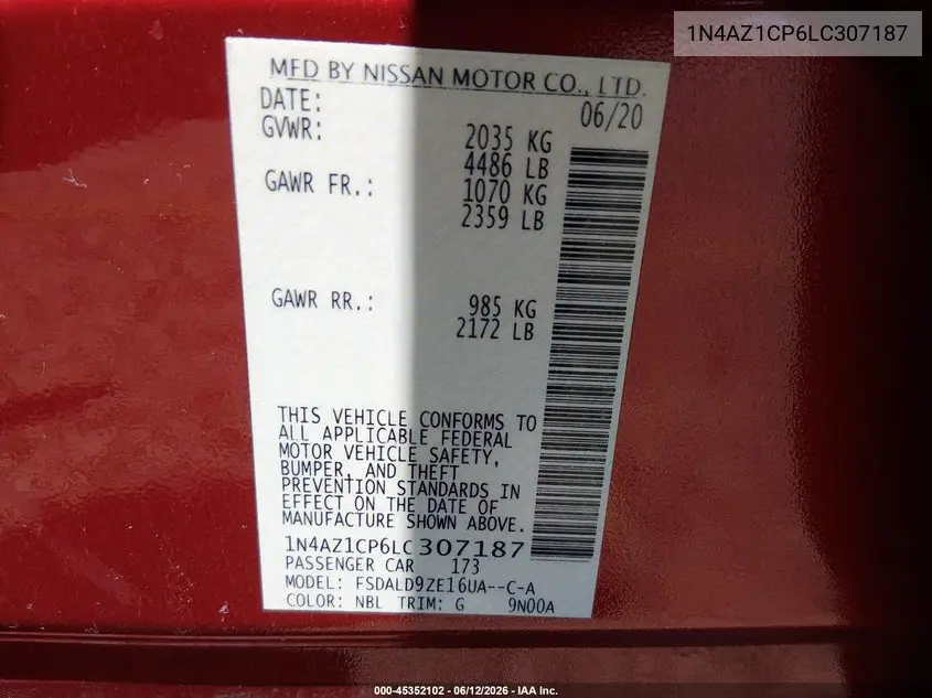 2020 Nissan Leaf Sv 40 Kwh VIN: 1N4AZ1CP6LC307187 Lot: 45352102