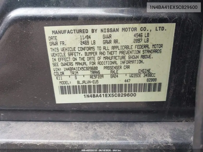 2005 Nissan Maxima 3.5 Sl VIN: 1N4BA41EX5C829600 Lot: 45325318