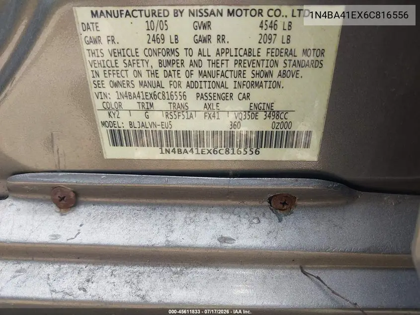2006 Nissan Maxima 3.5 Se VIN: 1N4BA41EX6C816556 Lot: 45611833