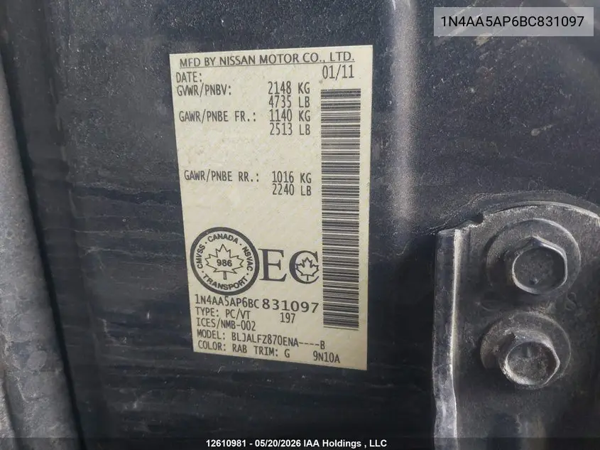 2011 Nissan Maxima 3.5 S VIN: 1N4AA5AP6BC831097 Lot: 12610981