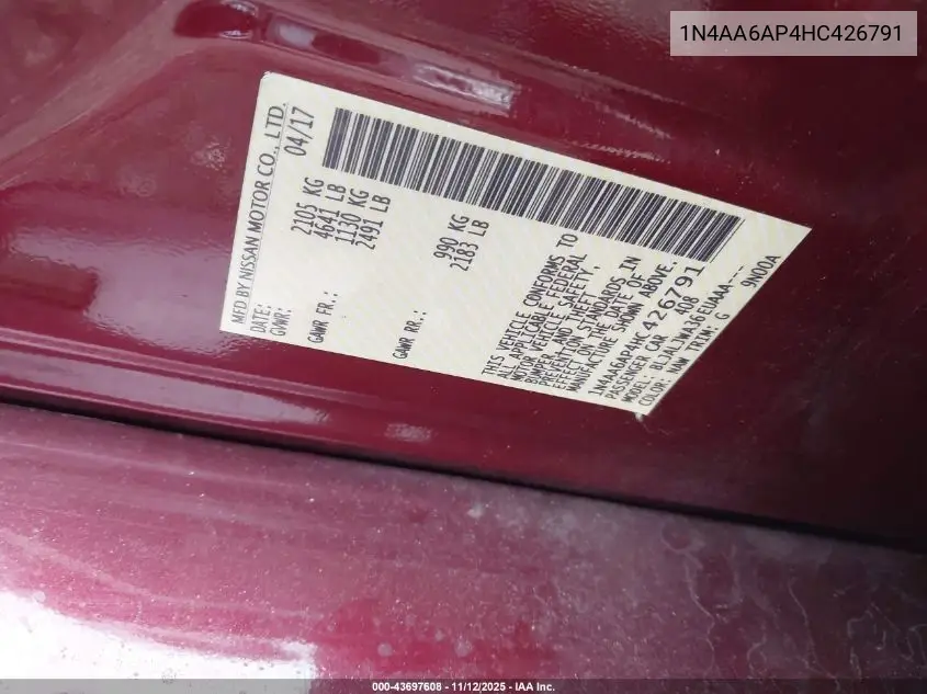 1N4AA6AP4HC426791 2017 Nissan Maxima 3.5 Sv