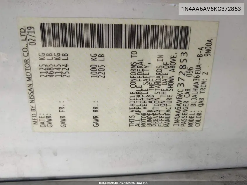 1N4AA6AV6KC372853 2019 Nissan Maxima 3.5 Platinum