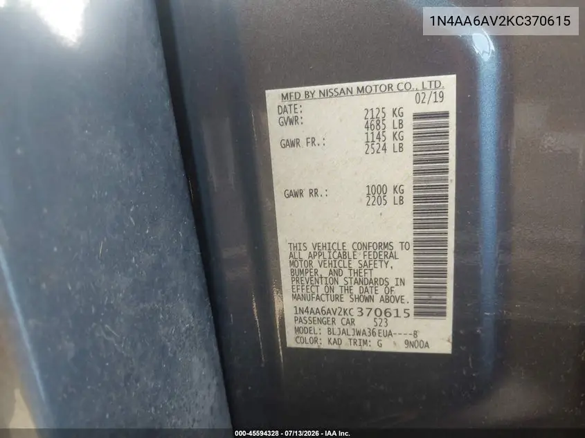 2019 Nissan Maxima 3.5 Sv VIN: 1N4AA6AV2KC370615 Lot: 45594328