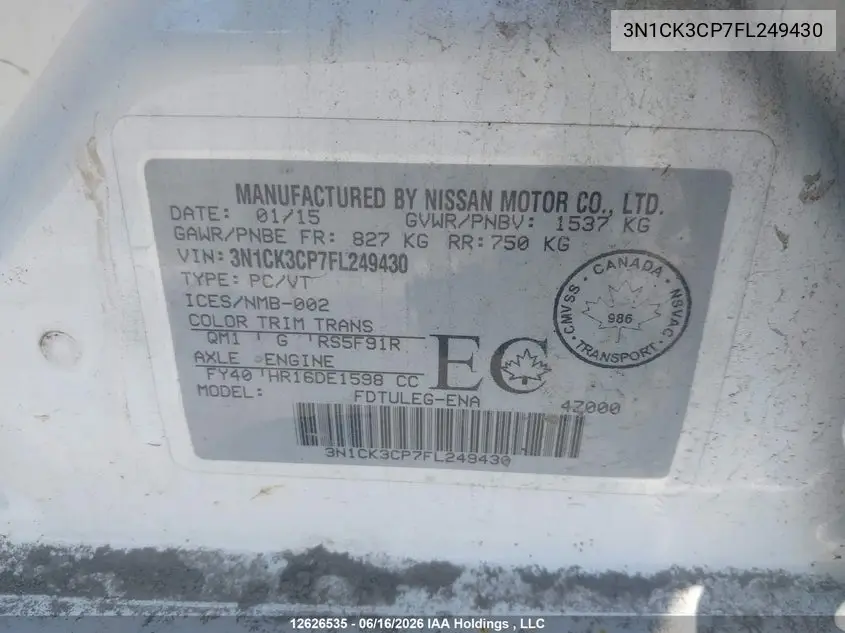 2015 Nissan Micra VIN: 3N1CK3CP7FL249430 Lot: 12626535