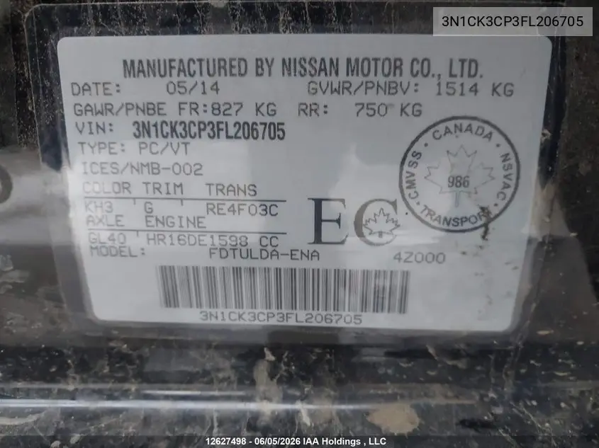 2015 Nissan Micra VIN: 3N1CK3CP3FL206705 Lot: 12627498