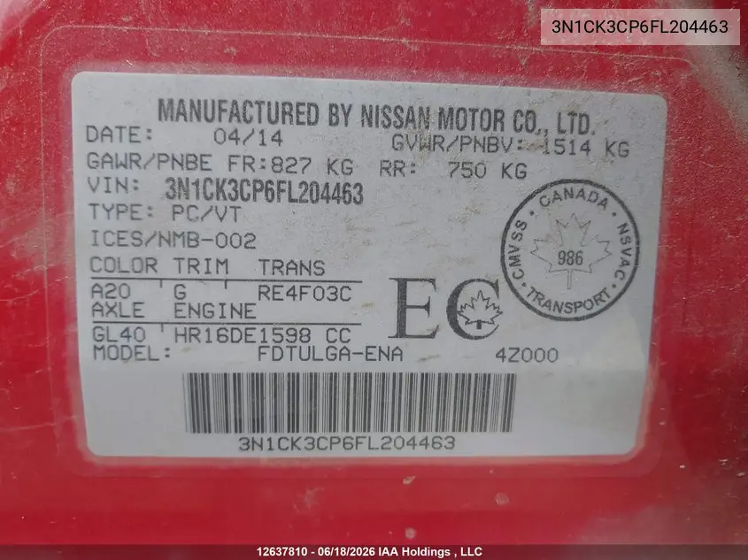 2015 Nissan Micra VIN: 3N1CK3CP6FL204463 Lot: 12637810