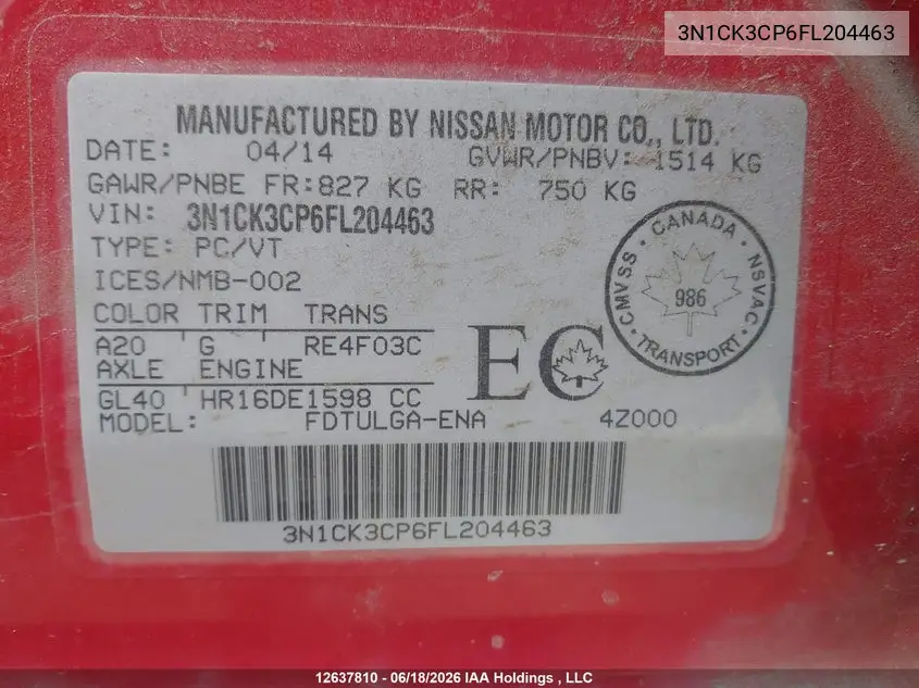 2015 Nissan Micra VIN: 3N1CK3CP6FL204463 Lot: 12637810