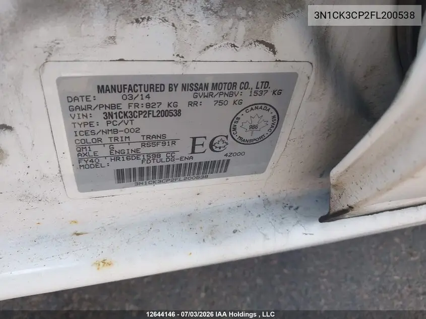 2015 Nissan Micra VIN: 3N1CK3CP2FL200538 Lot: 12644146