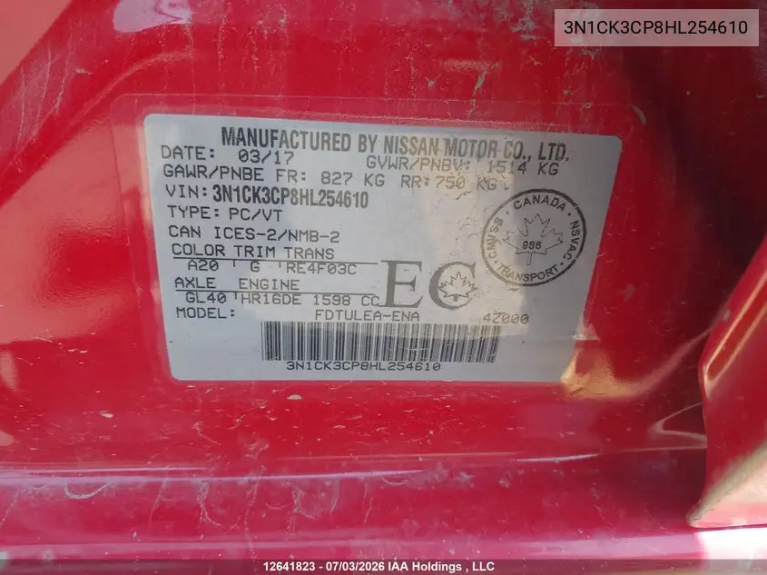2017 Nissan Micra S/Sr/Sv VIN: 3N1CK3CP8HL254610 Lot: 12641823x