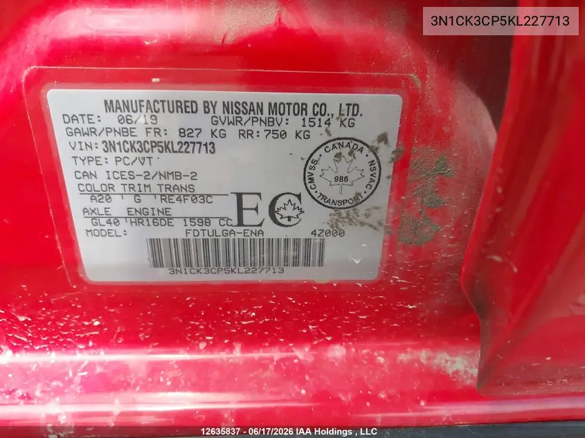 2019 Nissan Micra S/Sr/Sv VIN: 3N1CK3CP5KL227713 Lot: 12635837x