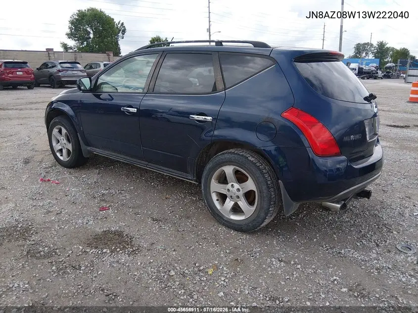 2003 Nissan Murano Sl VIN: JN8AZ08W13W222040 Lot: 45656911