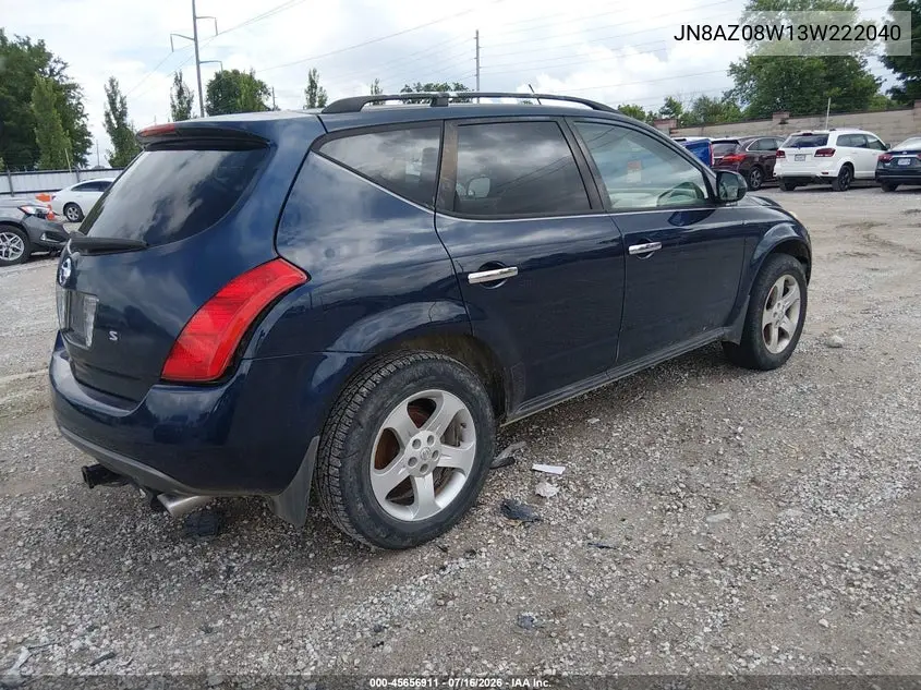 2003 Nissan Murano Sl VIN: JN8AZ08W13W222040 Lot: 45656911