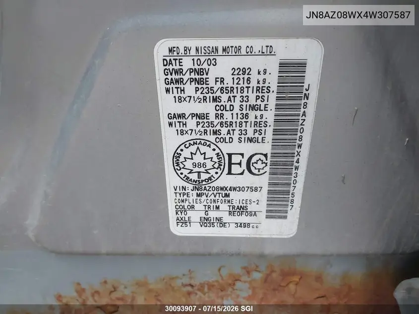 2004 Nissan Murano Sl/Se VIN: JN8AZ08WX4W307587 Lot: 30093907