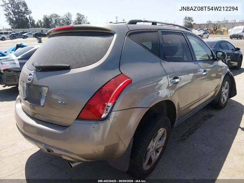2004 Nissan Murano Sl VIN: JN8AZ08T54W212294 Lot: 45335420