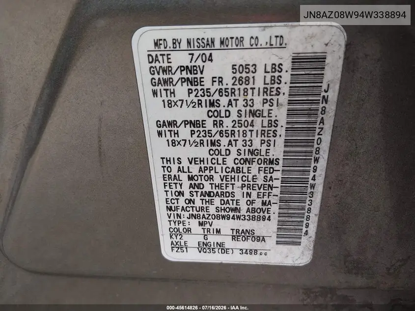 2004 Nissan Murano Sl VIN: JN8AZ08W94W338894 Lot: 45614826