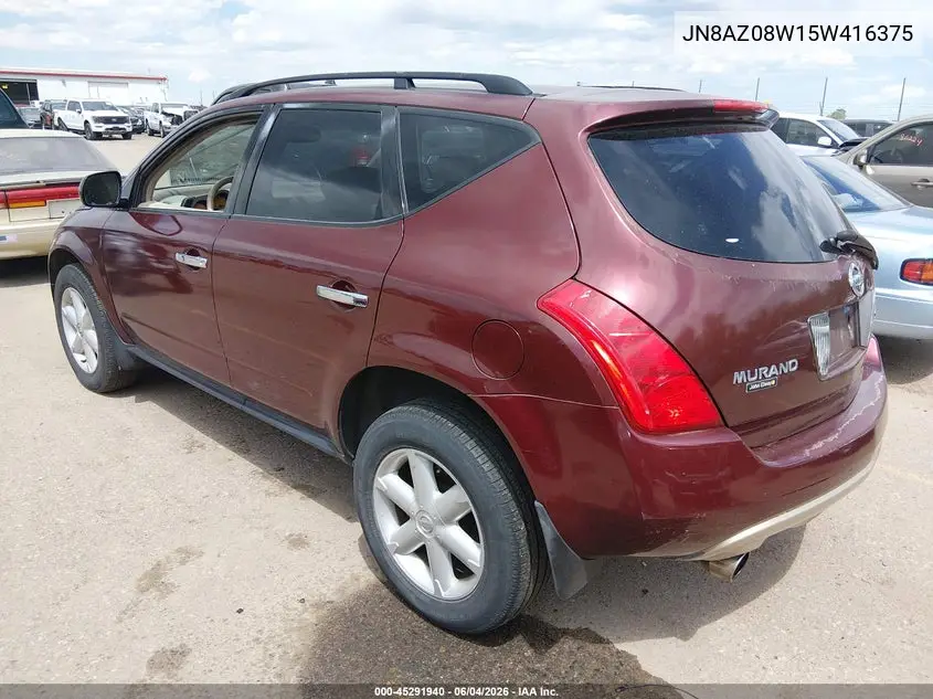 2005 Nissan Murano Se VIN: JN8AZ08W15W416375 Lot: 45291940