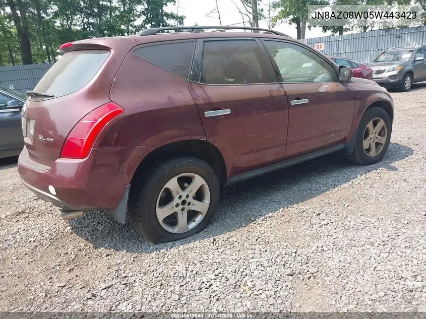 2005 Nissan Murano Sl VIN: JN8AZ08W05W443423 Lot: 45618848