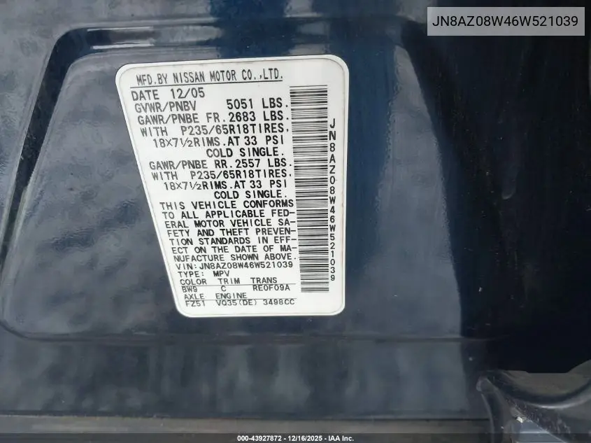 JN8AZ08W46W521039 2006 Nissan Murano Sl
