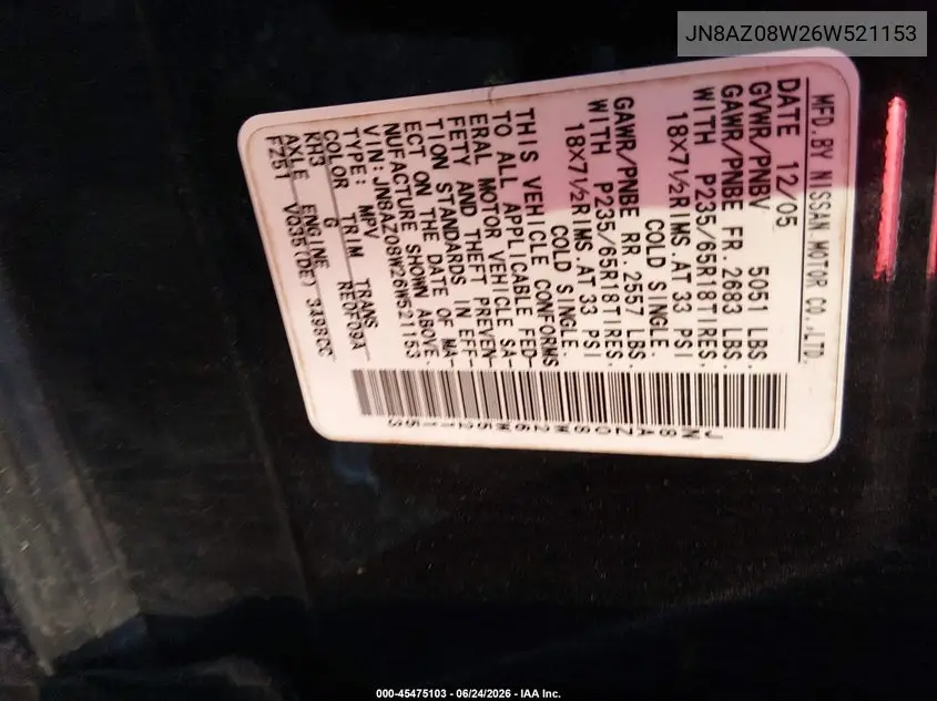 2006 Nissan Murano Sl VIN: JN8AZ08W26W521153 Lot: 45475103