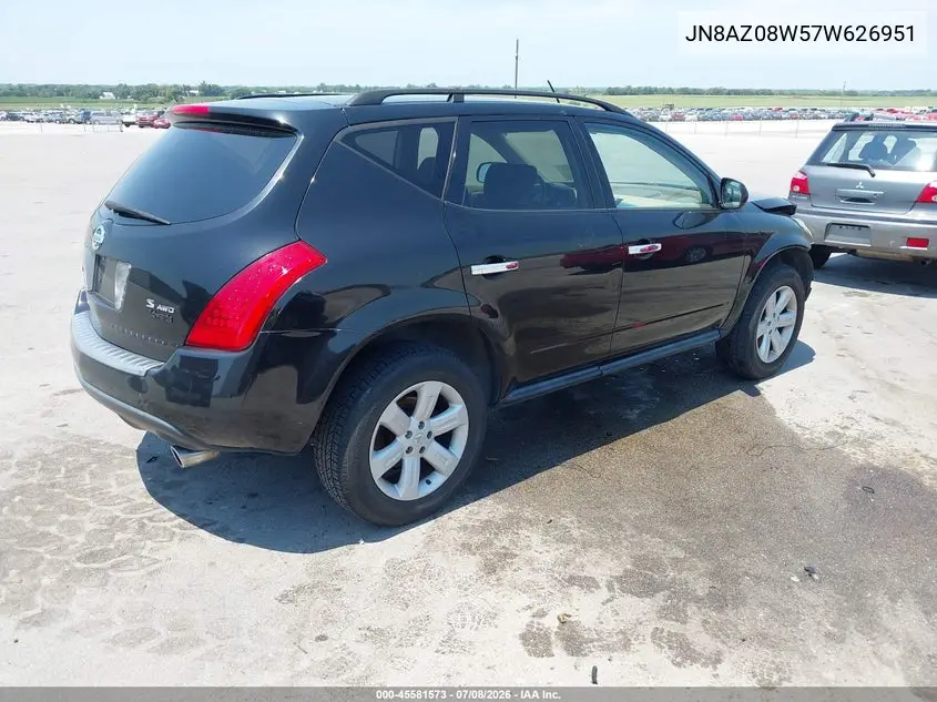 2007 Nissan Murano S VIN: JN8AZ08W57W626951 Lot: 45581573