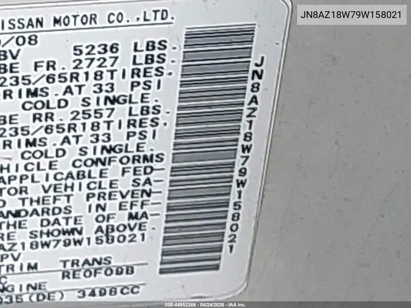 JN8AZ18W79W158021 2009 Nissan Murano Sl