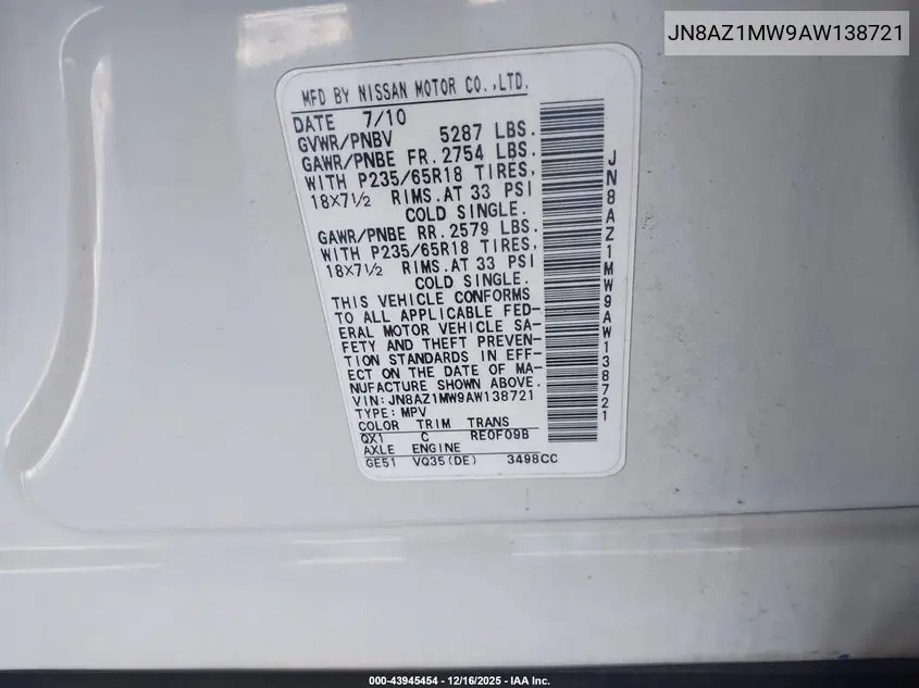 JN8AZ1MW9AW138721 2010 Nissan Murano Sl