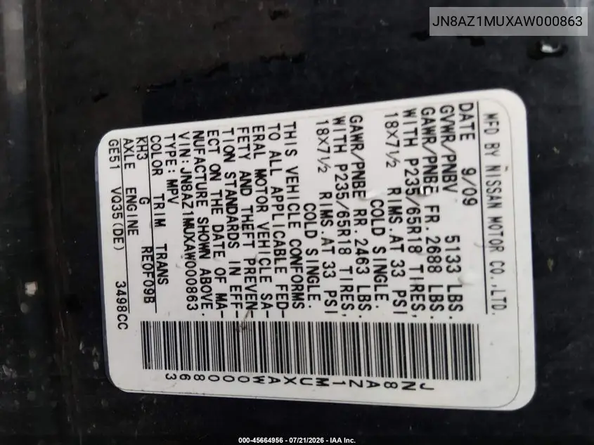 2010 Nissan Murano S VIN: JN8AZ1MUXAW000863 Lot: 45664956