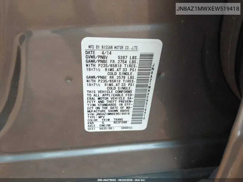 2014 Nissan Murano S VIN: JN8AZ1MWXEW519418 Lot: 45479585
