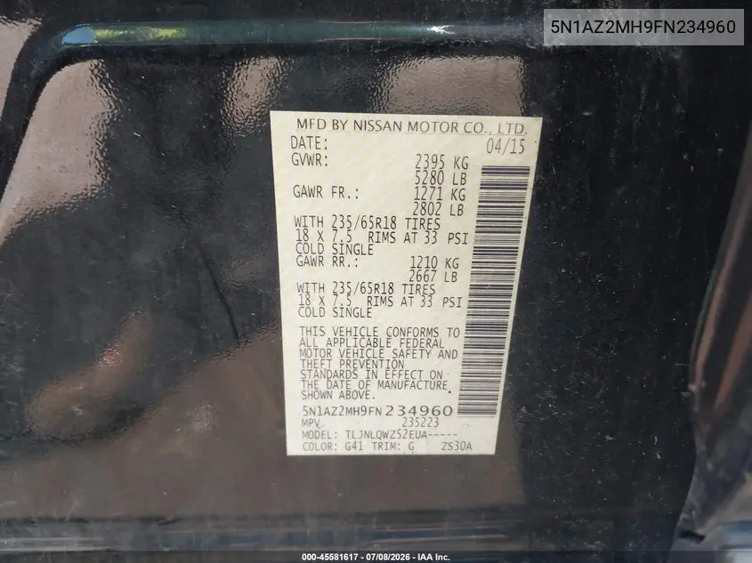 2015 Nissan Murano Sv VIN: 5N1AZ2MH9FN234960 Lot: 45581617