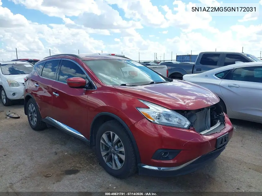 2016 Nissan Murano Sv VIN: 5N1AZ2MG5GN172031 Lot: 45631781
