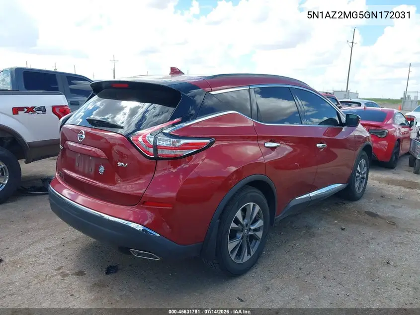 2016 Nissan Murano Sv VIN: 5N1AZ2MG5GN172031 Lot: 45631781