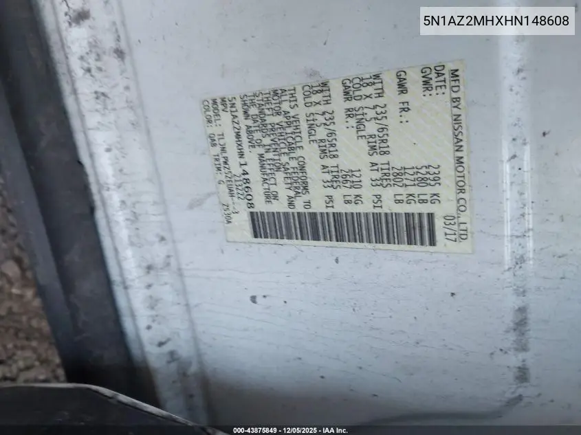 5N1AZ2MHXHN148608 2017 Nissan Murano S