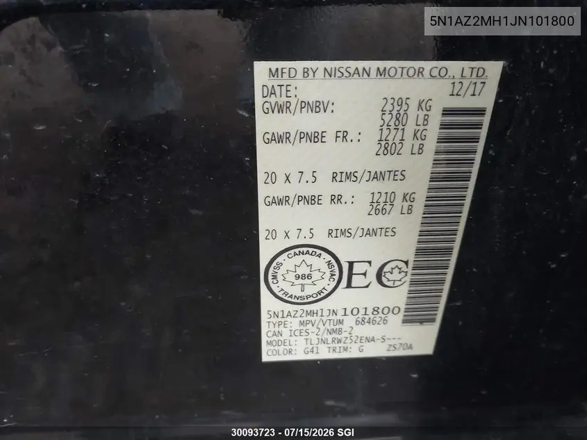 2018 Nissan Murano S/Sl/Sv/Platinum VIN: 5N1AZ2MH1JN101800 Lot: 30093723
