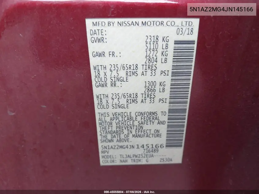 2018 Nissan Murano S VIN: 5N1AZ2MG4JN145166 Lot: 45555804
